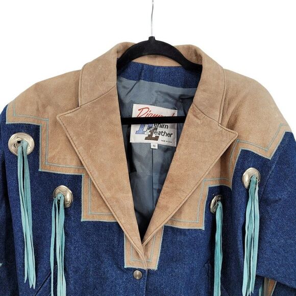Vtg 80s Rare Denin Western Rodeo Jacket Sz S Cowgirl Chic Conchos Fringe Funky - Picture 9 of 14